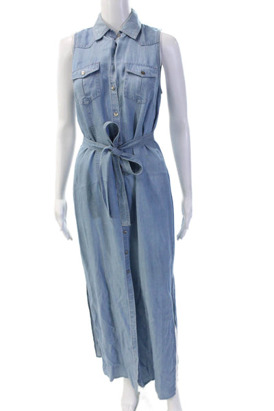 W by Worth Women Maxi Shirt Dress Light Blue Tencel Sleeveless Button Size 2
