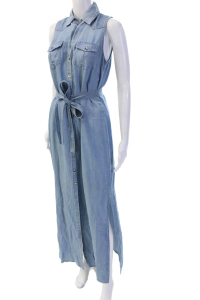 W by Worth Women Maxi Shirt Dress Light Blue Tencel Sleeveless Button Size 2