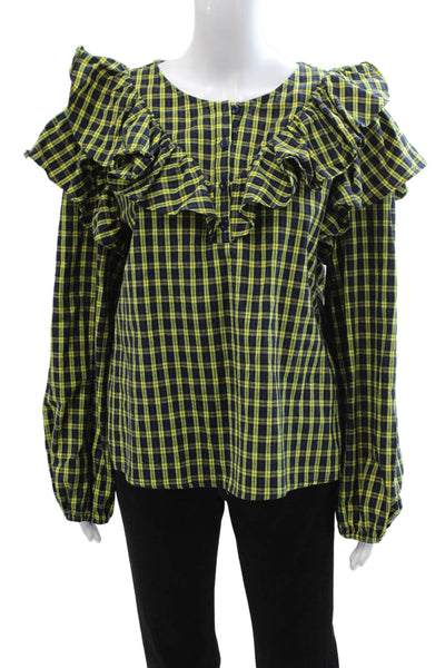 Sugar Lips Women Dark Blue Plaid 90s Round Neck Long Sleeve Blouse Size L