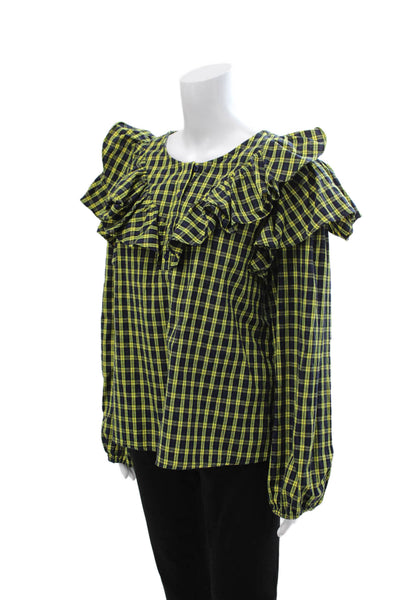 Sugar Lips Women Dark Blue Plaid 90s Round Neck Long Sleeve Blouse Size L