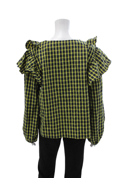 Sugar Lips Women Dark Blue Plaid 90s Round Neck Long Sleeve Blouse Size L