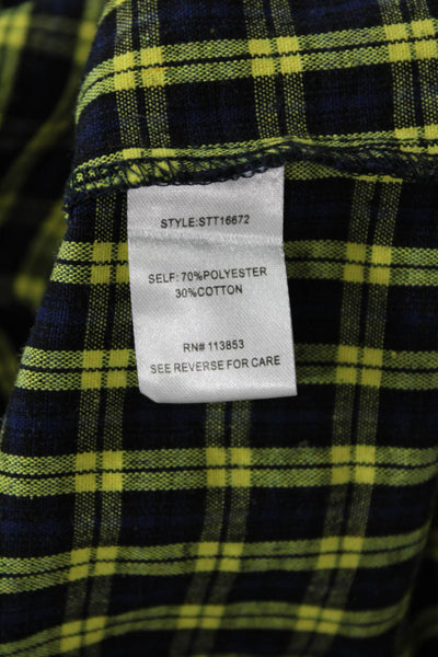 Sugar Lips Women Dark Blue Plaid 90s Round Neck Long Sleeve Blouse Size L