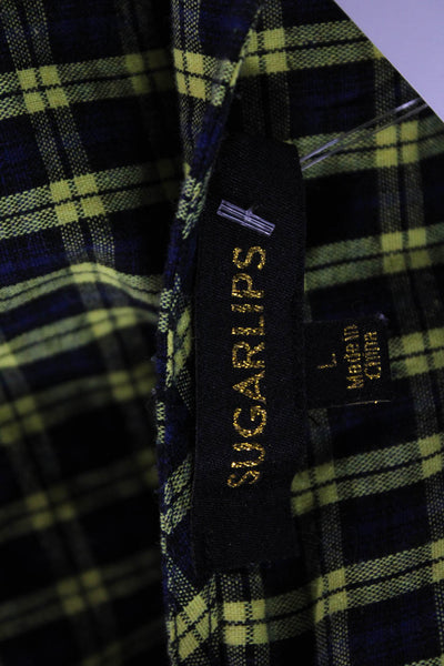 Sugar Lips Women Dark Blue Plaid 90s Round Neck Long Sleeve Blouse Size L