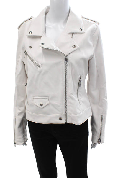 Blank NYC Womens White Biker Jacket Collared Button Longsleeve Size L