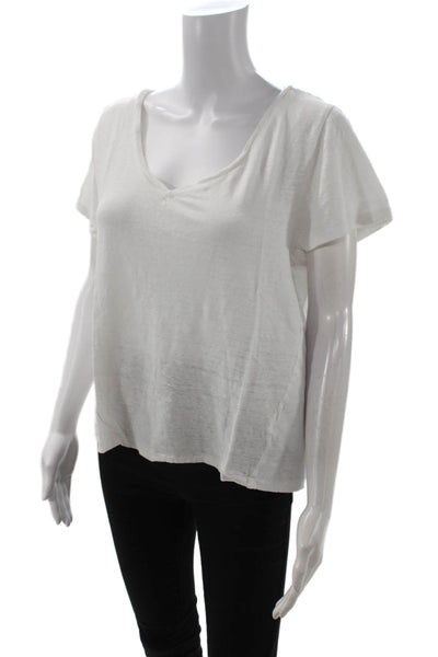 J Crew Women White Linen V-Neck Basic T-Shirt Short Sleeve Size 2XL