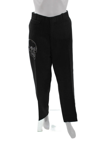 Libertine Mens Dress Pants Black Wool Blend Skull Graphic Button Size L