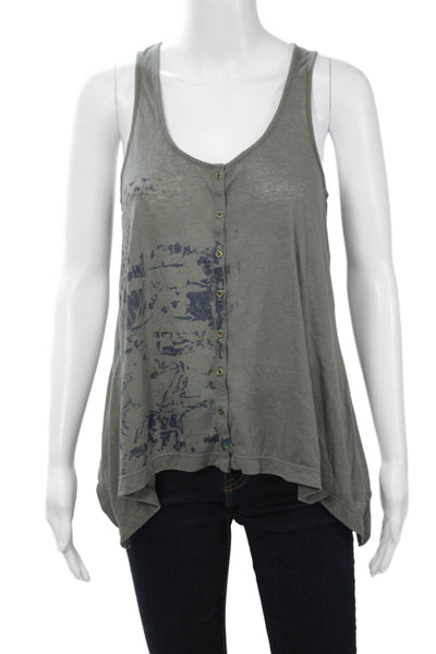 Free People Women Sleeveless V-Neck Graphic Tunic Gray Linen Blend Size M