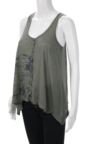 Free People Women Sleeveless V-Neck Graphic Tunic Gray Linen Blend Size M
