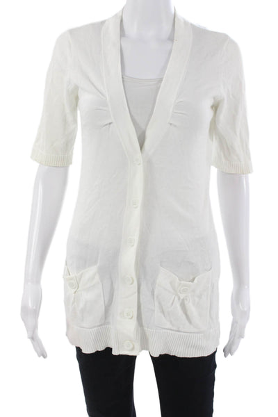 Tabitha Unisex Cardigan White Cotton V Neck Button Short Sleeve Size S