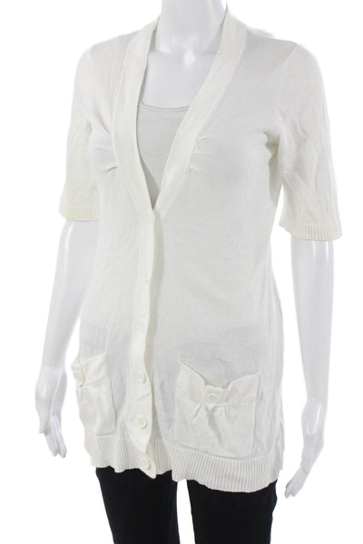 Tabitha Unisex Cardigan White Cotton V Neck Button Short Sleeve Size S