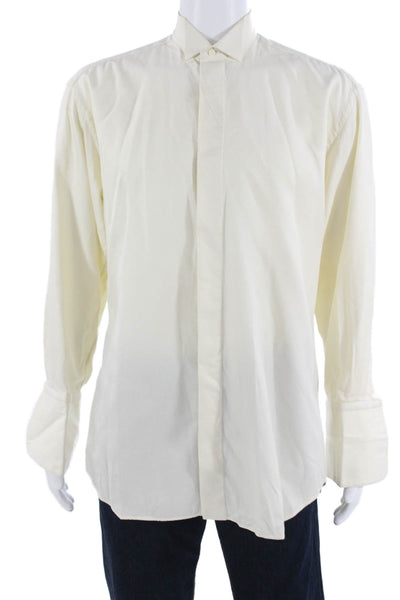 Victor Talbots Mens Band Collar Striped Shirt Beige Long Sleeve Cotton Size L