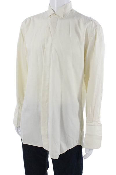 Victor Talbots Mens Band Collar Striped Shirt Beige Long Sleeve Cotton Size L