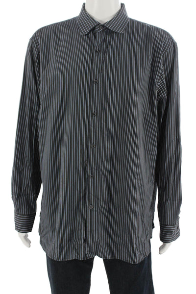 Michael Kors Mens Striped Cotton Point Collar Button-Up Black Size 2XL