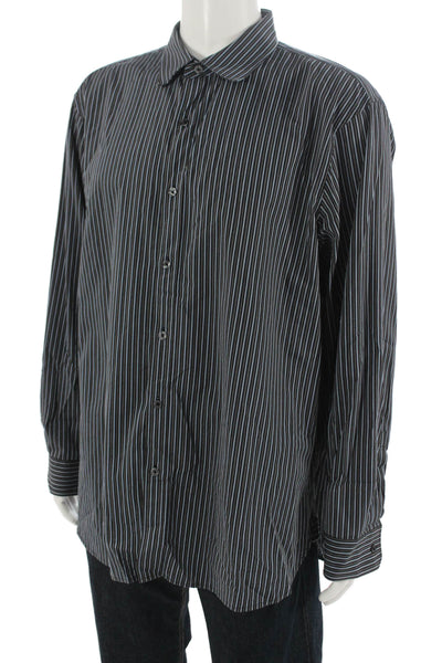 Michael Kors Mens Striped Cotton Point Collar Button-Up Black Size 2XL