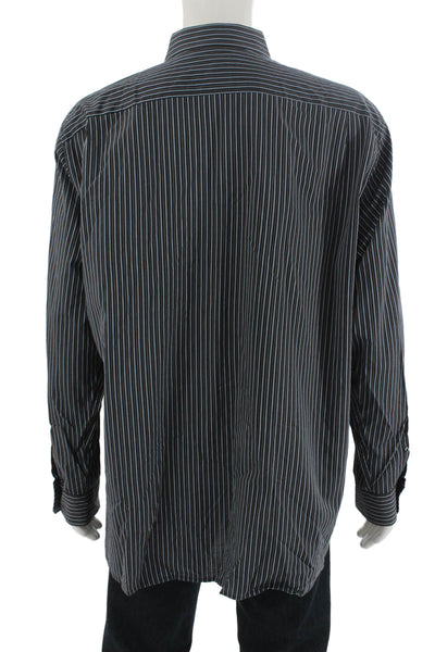 Michael Kors Mens Striped Cotton Point Collar Button-Up Black Size 2XL