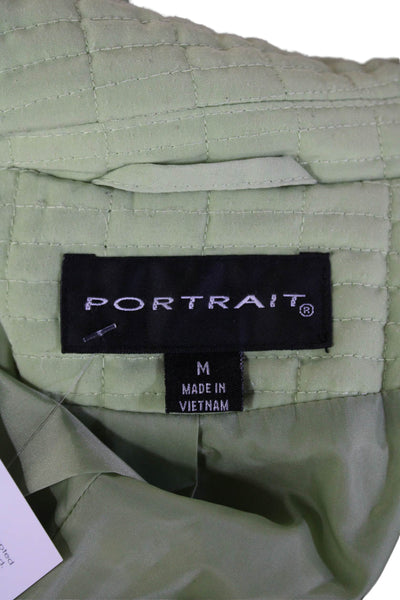 Portrait Women Quilted Jacket Green Collared Button Long Sleeve Size M