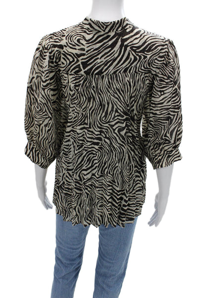 Samsoe & Samsoe Womens Beige Animal Print High Neck 3/4 Sleeve Blouse Size S