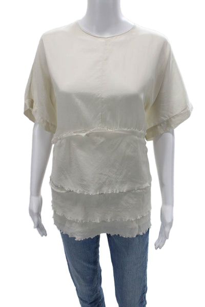 Zara Women Basic Beige Short Sleeve Round Neck Blouse Button Size L