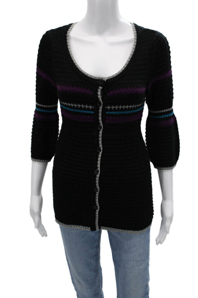 Aqua Unisex Black 90s Acrylic Cardigan Round Neck Button 3/4 Sleeve Size M