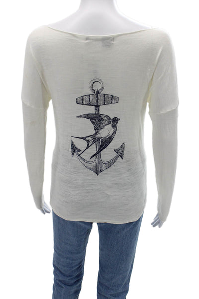 360 Sweater Women White Cotton Bird Graphic Longsleeve T-Shirt Size XS