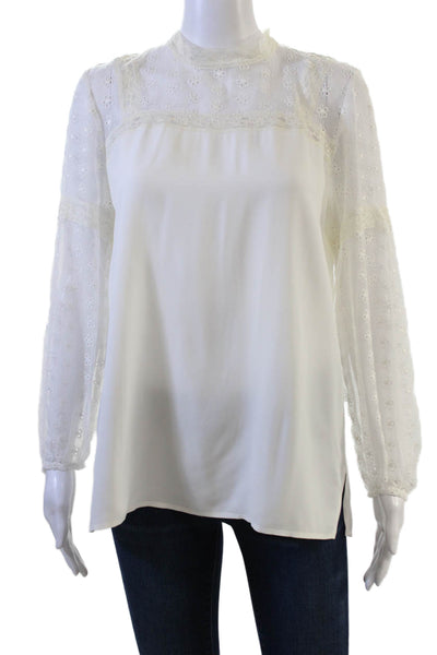 Sandro Women White Floral Viscose High Neck Long Sleeve Button Blouse Size 2