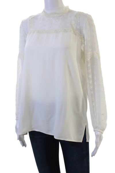 Sandro Women White Floral Viscose High Neck Long Sleeve Button Blouse Size 2
