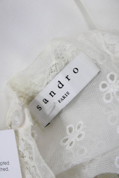 Sandro Women White Floral Viscose High Neck Long Sleeve Button Blouse Size 2