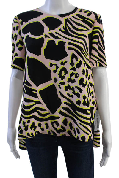 Adam Lippes Women Silk Animal Print Round Neck Short Sleeve Blouse Size 10