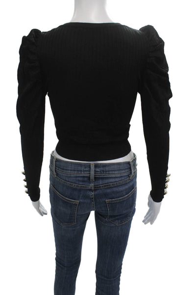 Zara Women Cropped Black Button Up Viscose Polyamide Long Sleeve Top Size S