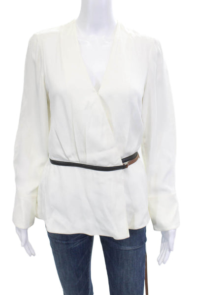 Altuzarra Women V-Neck White Polyester Blend Long Sleeve Blouse Buckle Size 36