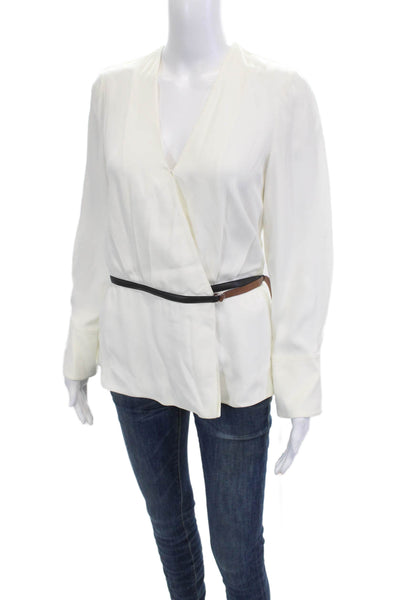Altuzarra Women V-Neck White Polyester Blend Long Sleeve Blouse Buckle Size 36