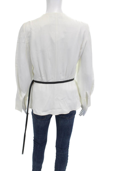Altuzarra Women V-Neck White Polyester Blend Long Sleeve Blouse Buckle Size 36
