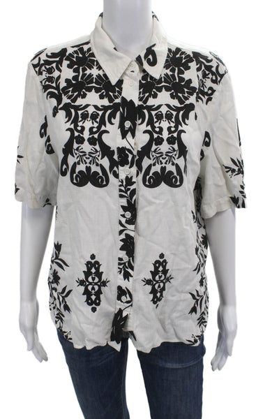 Zara Womens Black Floral Collared Button-Up Short Sleeve Top Size L