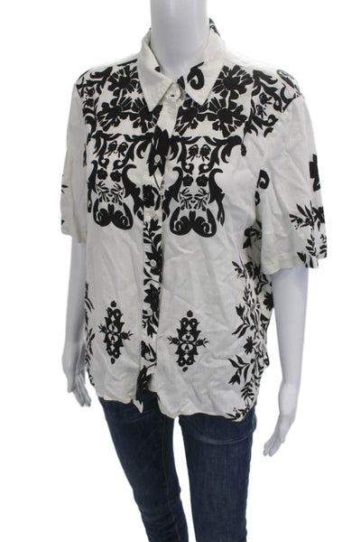 Zara Womens Black Floral Collared Button-Up Short Sleeve Top Size L