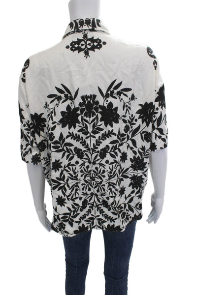 Zara Womens Black Floral Collared Button-Up Short Sleeve Top Size L
