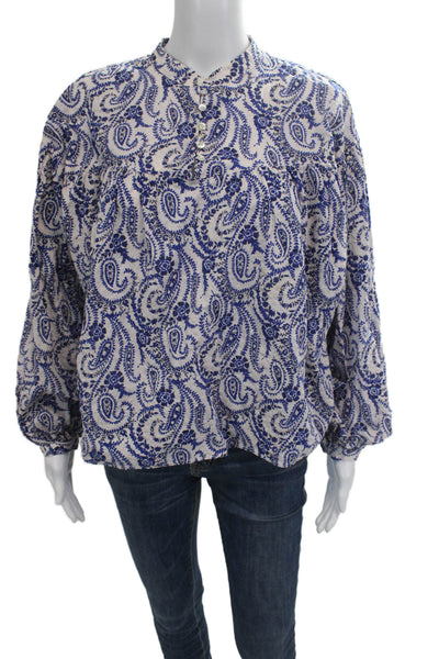 Zara Women Bohemian Paisley Blue Tunic High Neck Button Up Long Sleeve Size L