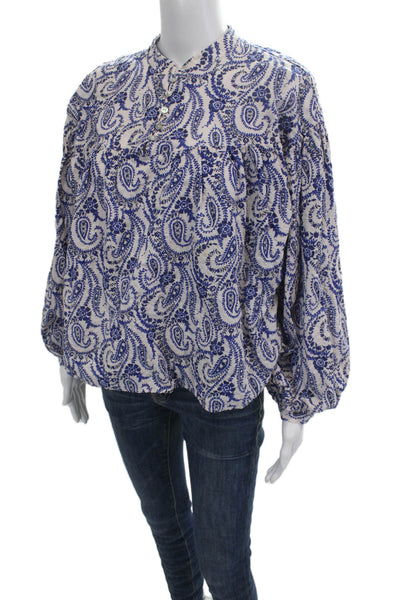 Zara Women Bohemian Paisley Blue Tunic High Neck Button Up Long Sleeve Size L