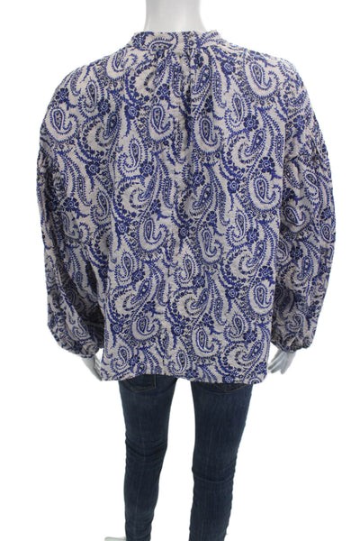 Zara Women Bohemian Paisley Blue Tunic High Neck Button Up Long Sleeve Size L