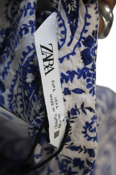 Zara Women Bohemian Paisley Blue Tunic High Neck Button Up Long Sleeve Size L