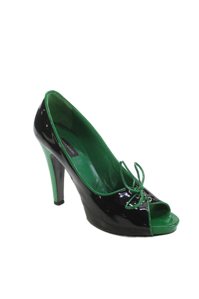 Sonia Rykiel Womens Block Heel Lace Up Peep Toe Pumps Black Patent Leather 39
