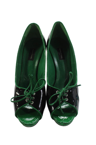 Sonia Rykiel Womens Block Heel Lace Up Peep Toe Pumps Black Patent Leather 39