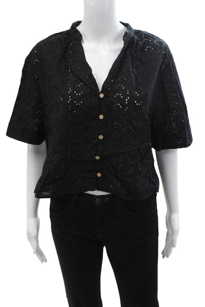 Zara Women Black Cropped V-Neck Button Up Cotton Short Sleeve Blouse Size L