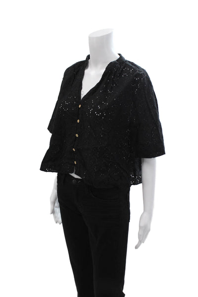 Zara Women Black Cropped V-Neck Button Up Cotton Short Sleeve Blouse Size L