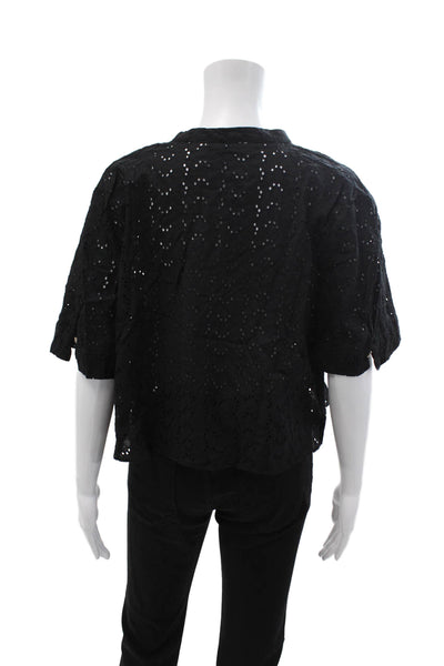 Zara Women Black Cropped V-Neck Button Up Cotton Short Sleeve Blouse Size L