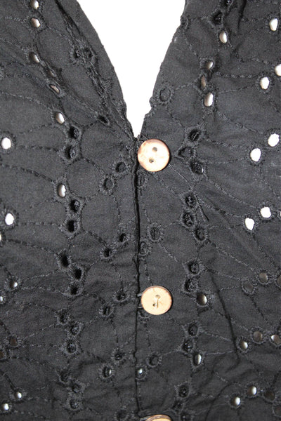 Zara Women Black Cropped V-Neck Button Up Cotton Short Sleeve Blouse Size L