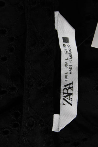 Zara Women Black Cropped V-Neck Button Up Cotton Short Sleeve Blouse Size L
