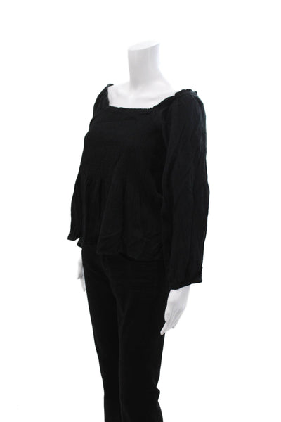 Madewell Women Bohemian Black Cotton Square Neck Long Sleeve Blouse Size 6