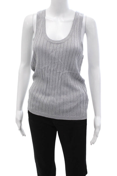 Zara Women Basic Striped Round Neck Sleeveless Tank Gray Viscose Size L