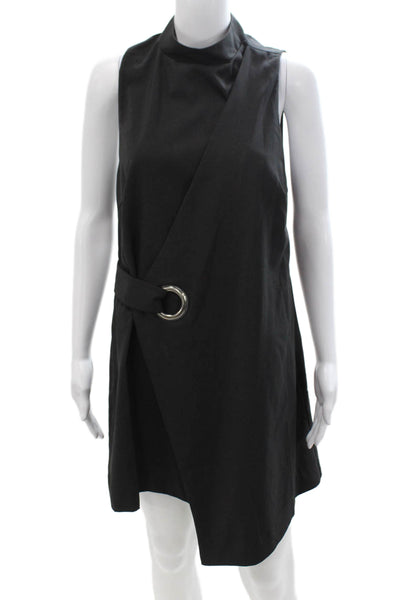 MPC Women Black Wrap Shift Dress Sleeveless Mock Neck Buckle Above Knee Size L