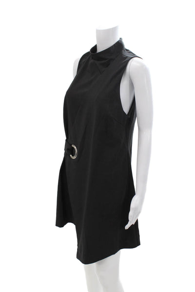 MPC Women Black Wrap Shift Dress Sleeveless Mock Neck Buckle Above Knee Size L